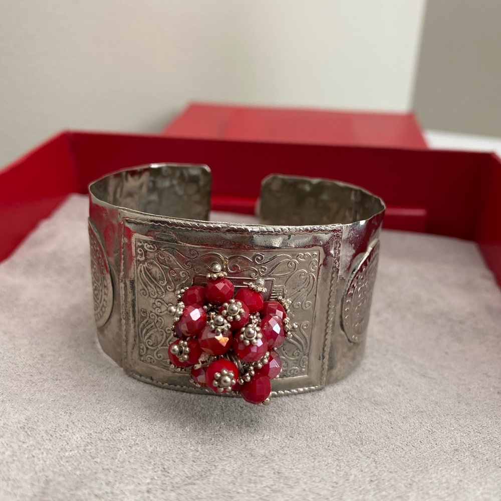 Hammered Cuff With Red Stone Cluster Turkish Inspired Ottoman Empire Sultan